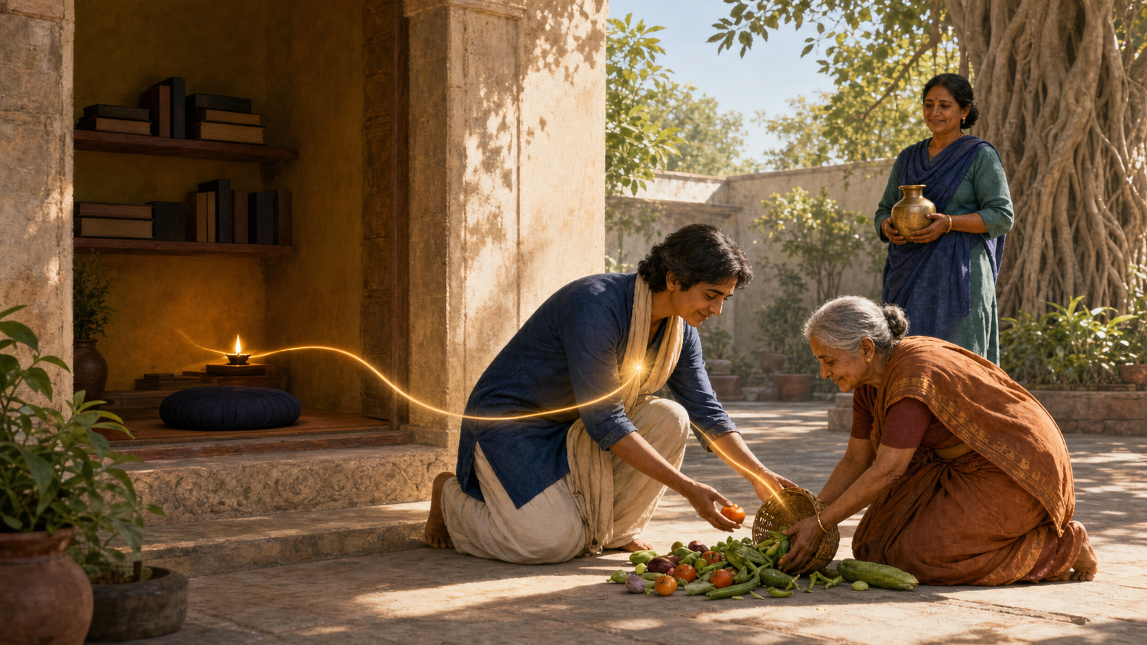 A practitioner leaves a quiet study alcove and helps an older neighbor gather vegetables spilled in a sunlit courtyard.