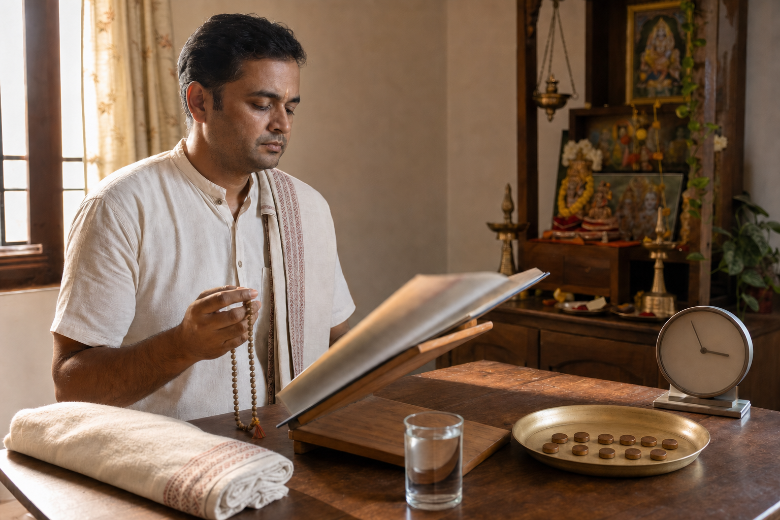 A practitioner times a trial recitation at a wooden table with prayer beads, a clock, water, and counting tokens nearby.