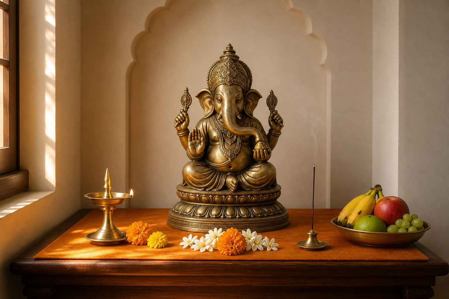 A Vamavarti Ganesha murti on a clean home altar with flowers, fruit, incense and a glowing brass oil lamp.