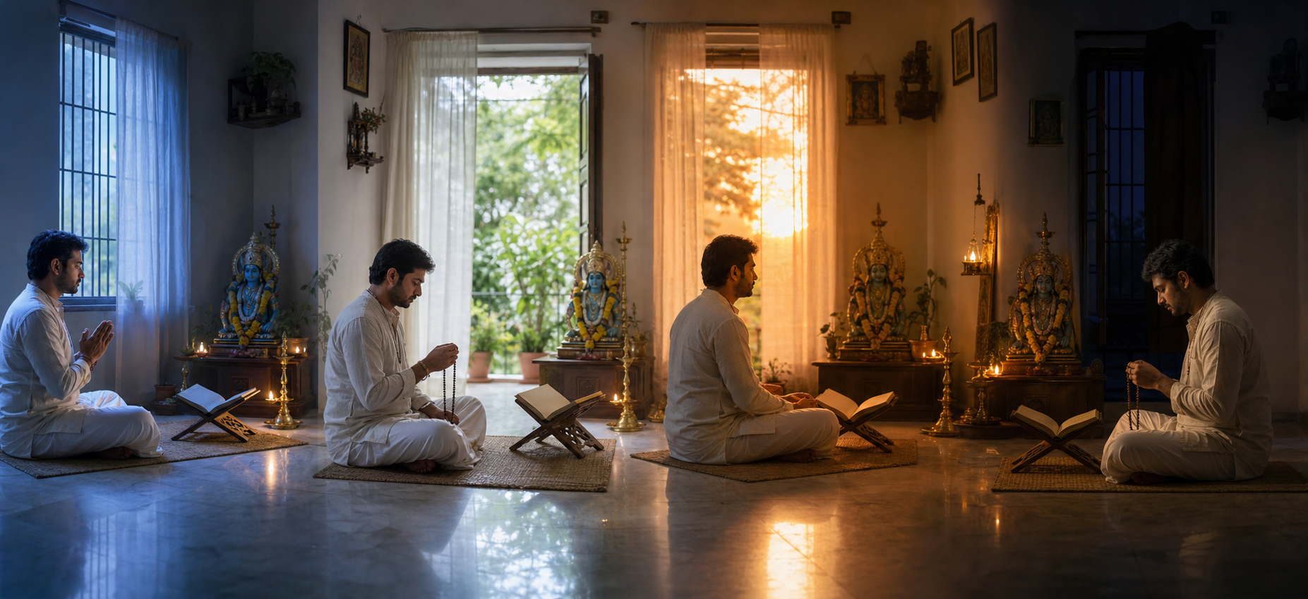 The same devotee chants at a home altar during dawn, midday, sunset, and night, showing recitations spaced across the day.