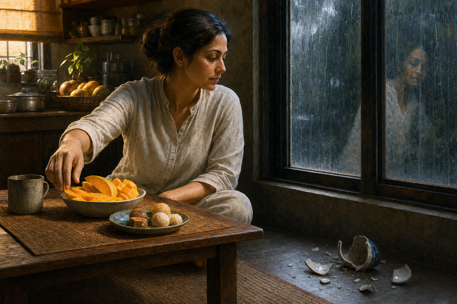 A seated person observes a bowl of fruit and sweets beside a broken cup in a kitchen lit by warm sunlight and cool rainy light.