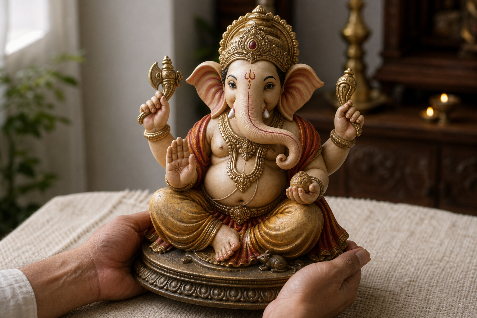 A householder supports a seated Ganesha murti whose trunk curves toward the deity's left side, seen on the viewer's right.