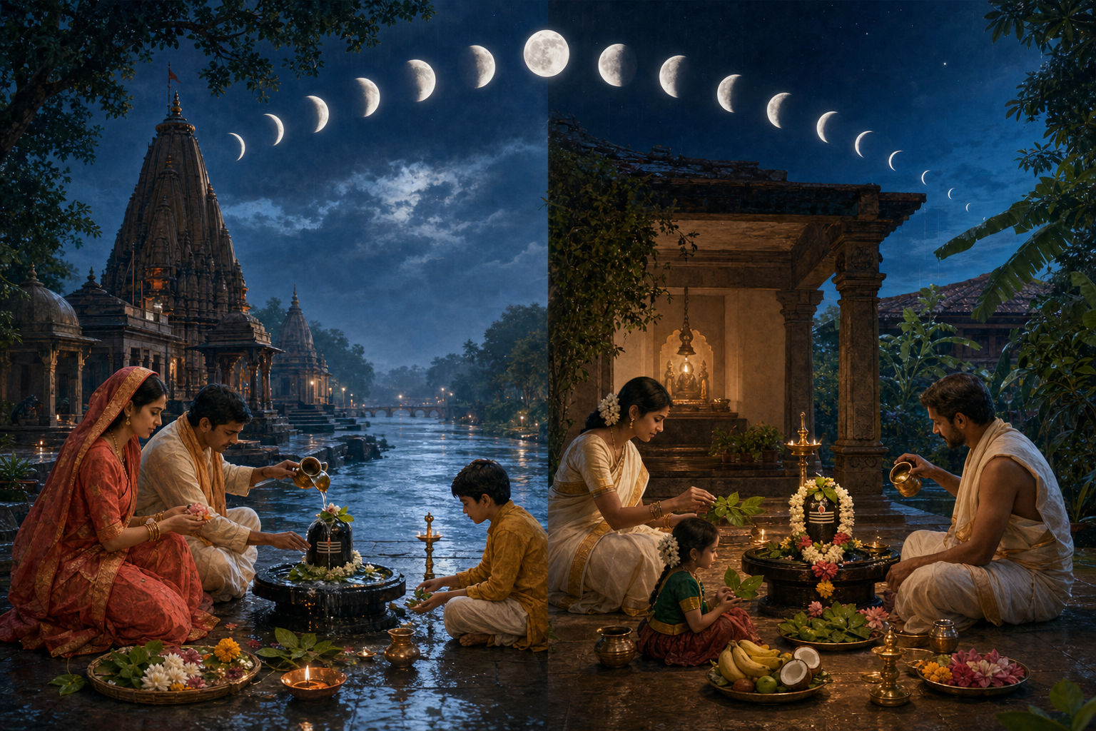 A split illustration shows two regional devotional settings connected by a single sequence of moon phases, with families preparing similar Shiva offerings.