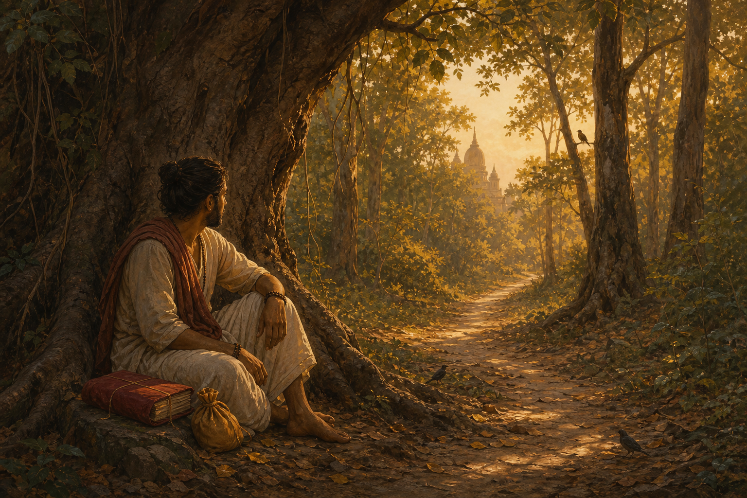 A pilgrim rests beneath a large forest tree beside a cloth-wrapped book as a sunlit path leads away from distant temples.