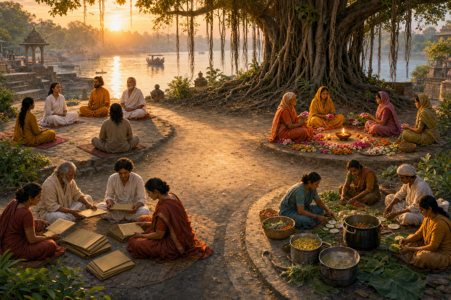 Different groups meditate, offer flowers, study manuscripts, and prepare food around a shared riverside grove.