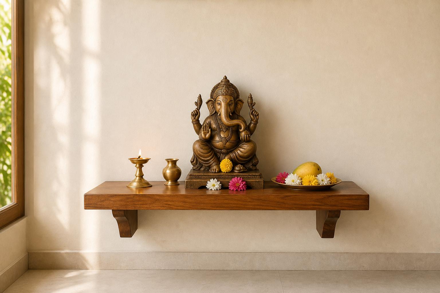 A small Ganesha murti stands on a tidy raised home altar with a lamp, water vessel, flowers and fruit.