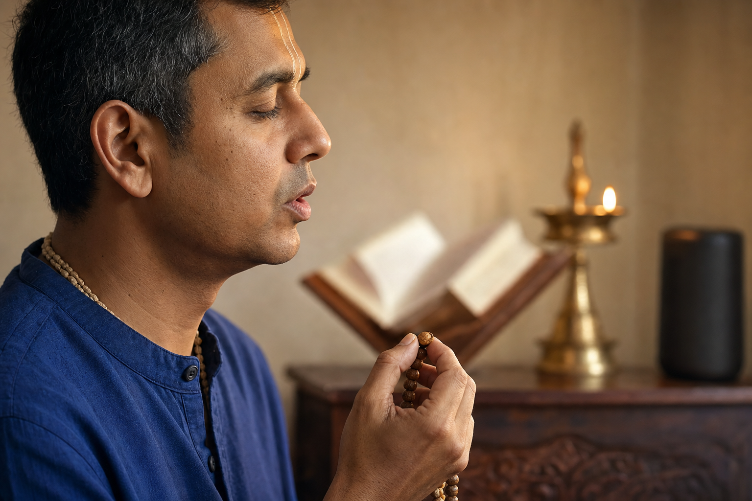 A devotee chants slowly with tulsi prayer beads while an open book and a small audio speaker sit nearby.