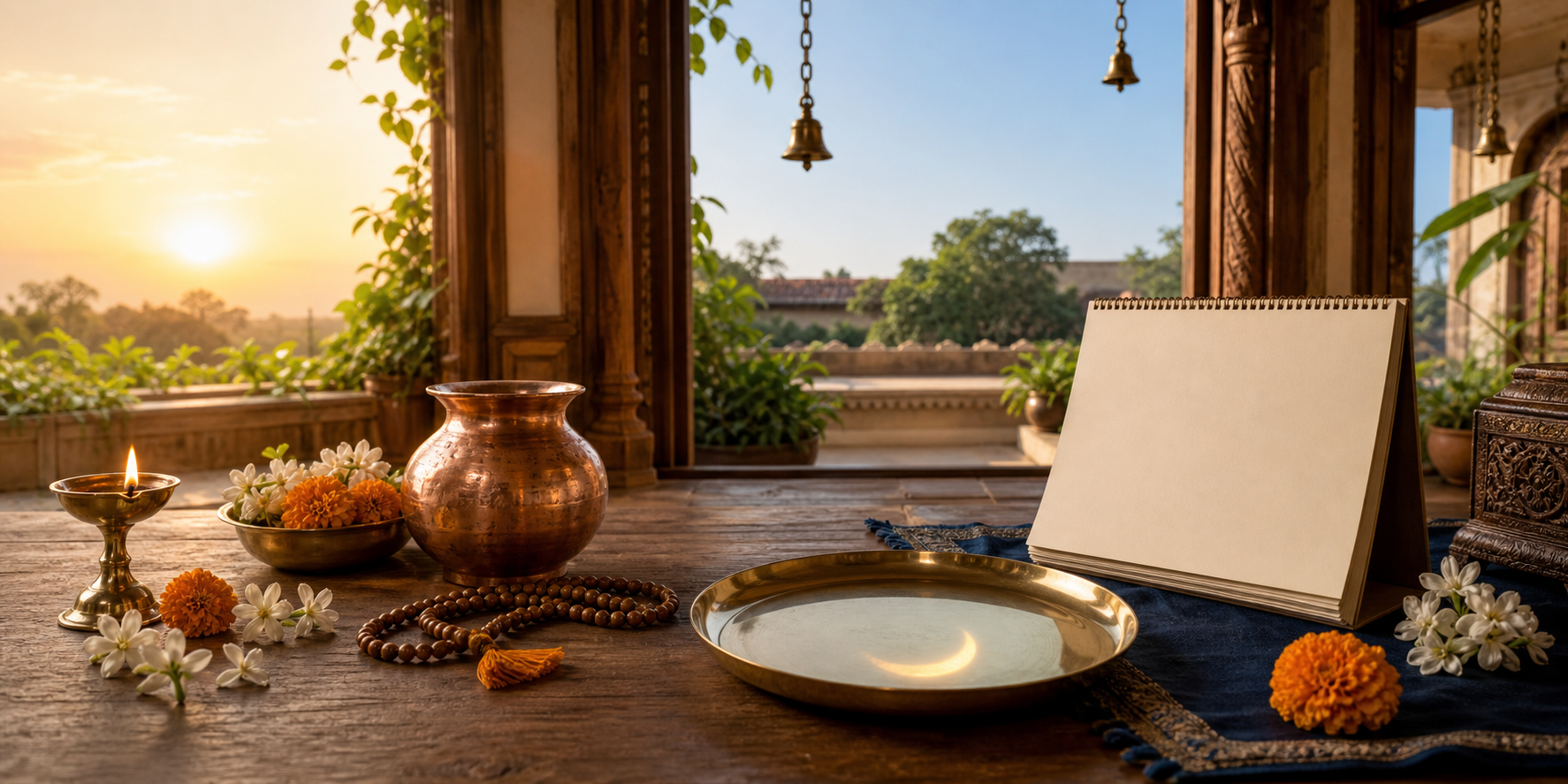 A brass oil lamp, flowers, prayer beads, copper vessel, and an unmarked calendar booklet arranged in warm sunlight at a home worship space.