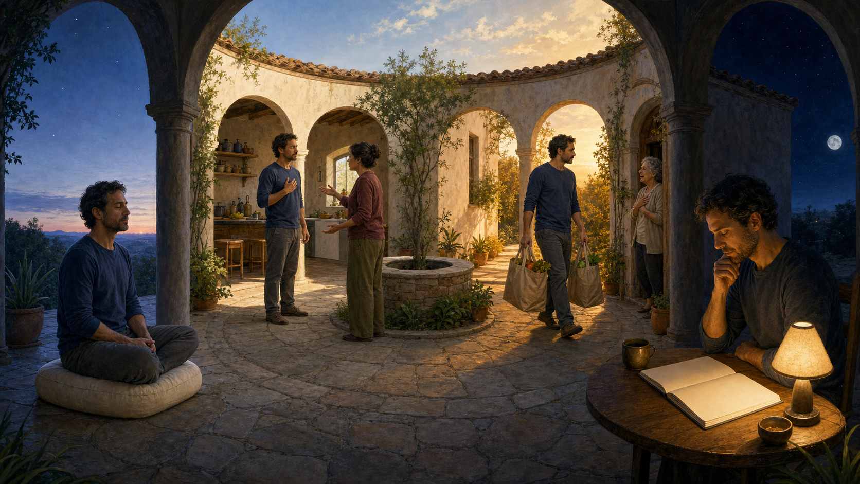 The same practitioner meditates, pauses during a difficult conversation, helps a neighbor, and reflects at night around a circular courtyard.