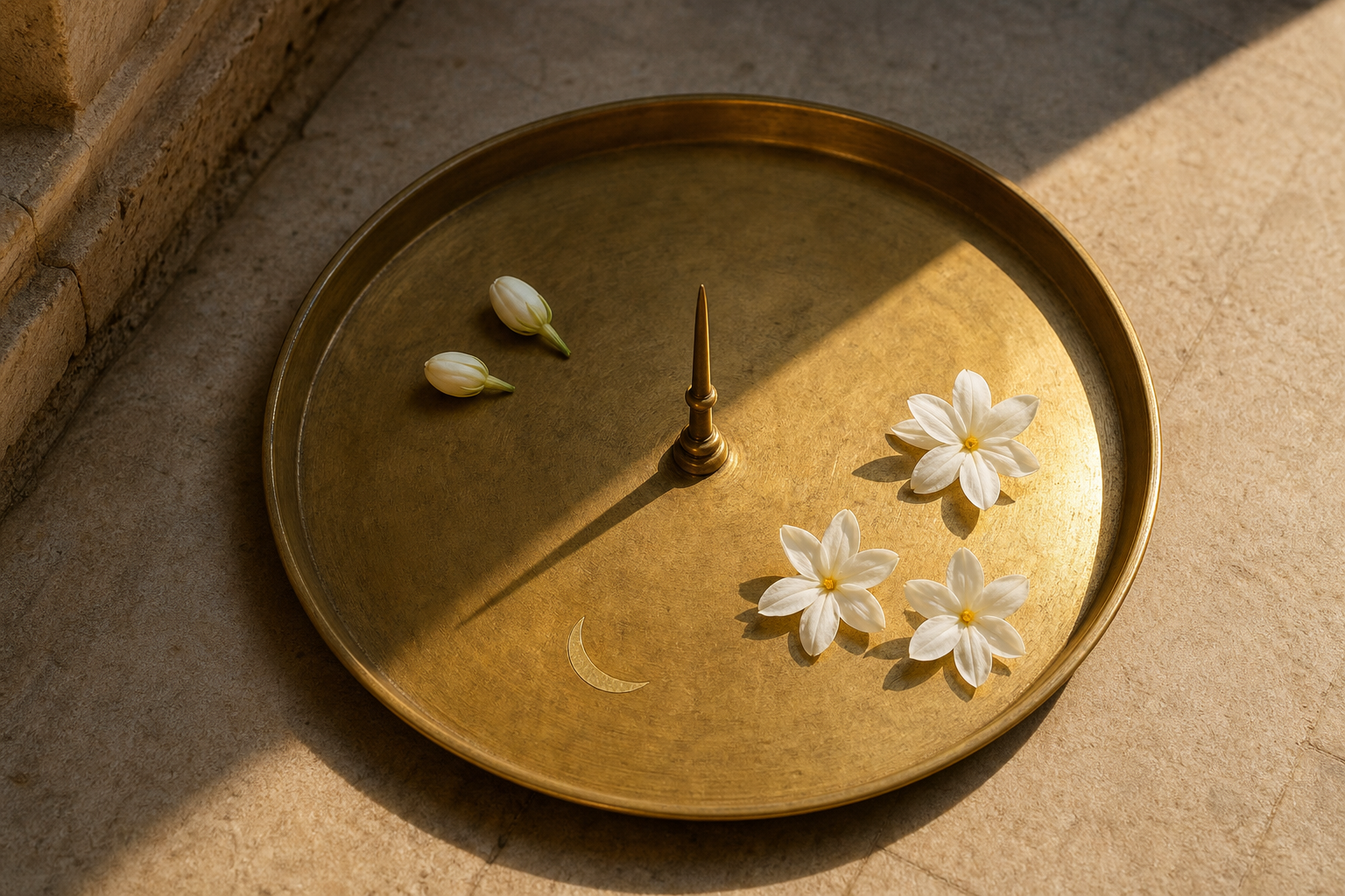 A sunlit brass tray holds two flower buds on one side and three open blossoms on the other, separated by the shadow of a small gnomon.