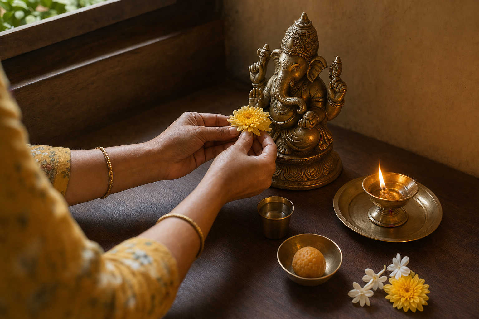 A devotee offers a flower during a simple home puja before a small Ganesha murti and brass oil lamp.