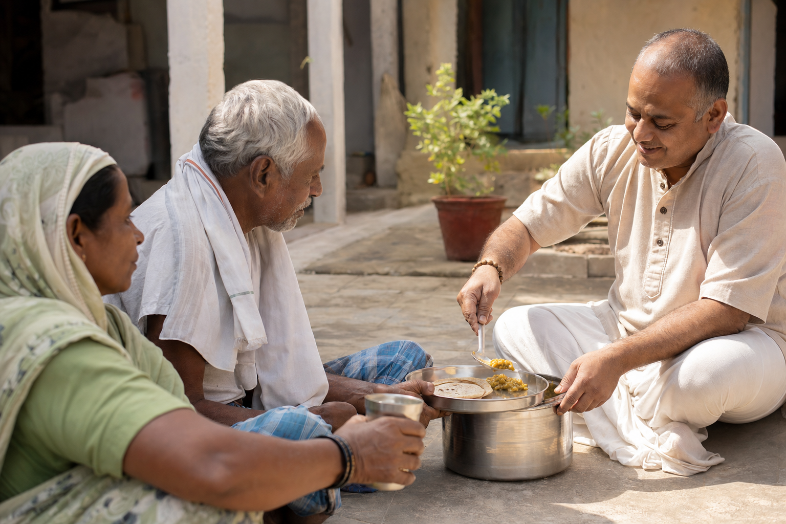 A practitioner wearing tulsi beads respectfully serves a simple meal to an older neighbor in a sunlit courtyard.