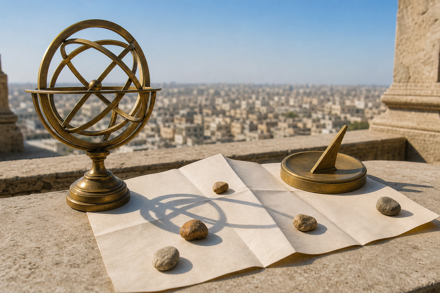 An unmarked armillary sphere and sundial cast shadows beside a blank folded map and several location stones on a sunlit terrace.