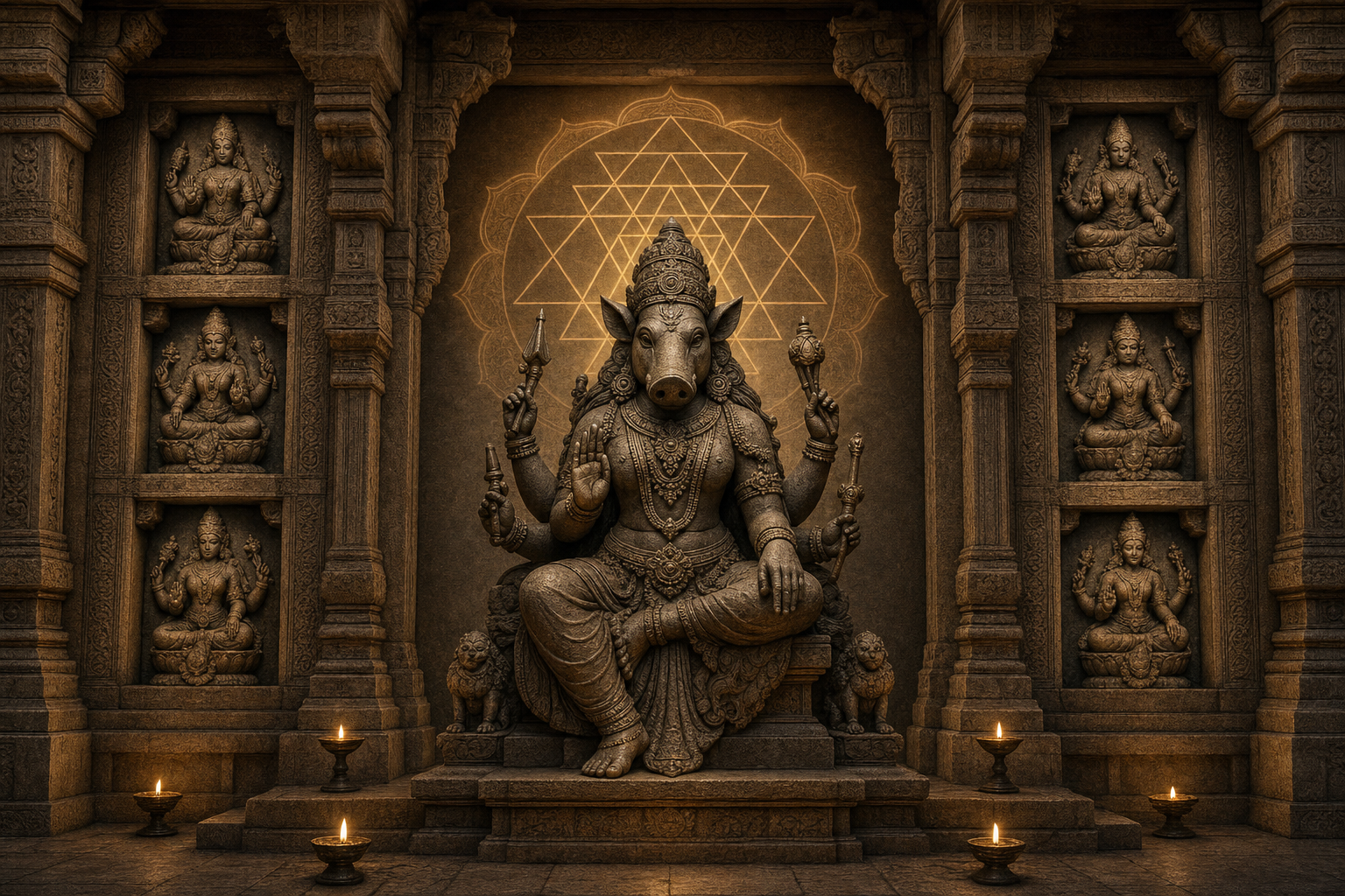 A central stone figure of the boar-headed goddess Varahi is flanked by mother-goddess reliefs, with subtle sacred geometry glowing behind them.