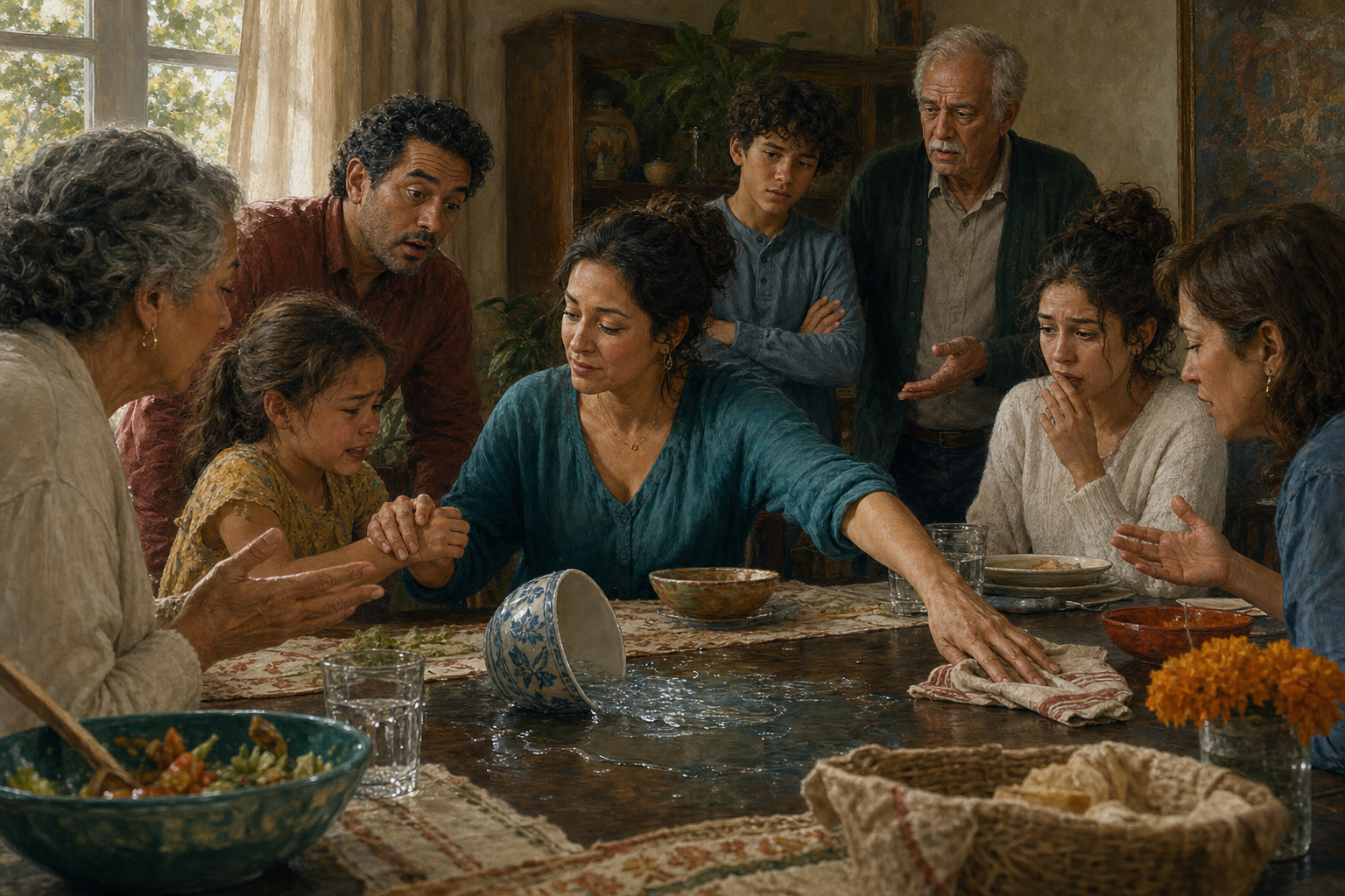An adult calmly listens, comforts a child, and reaches to clean spilled water during a tense family meal.