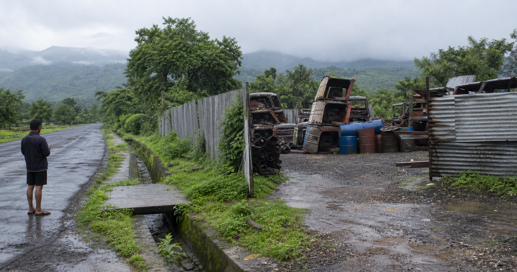 A resident observes a roadside scrap yard from a public lane in rain-soaked Chiplun, with metal piles, drums, a storm drain and monsoon hills visible.