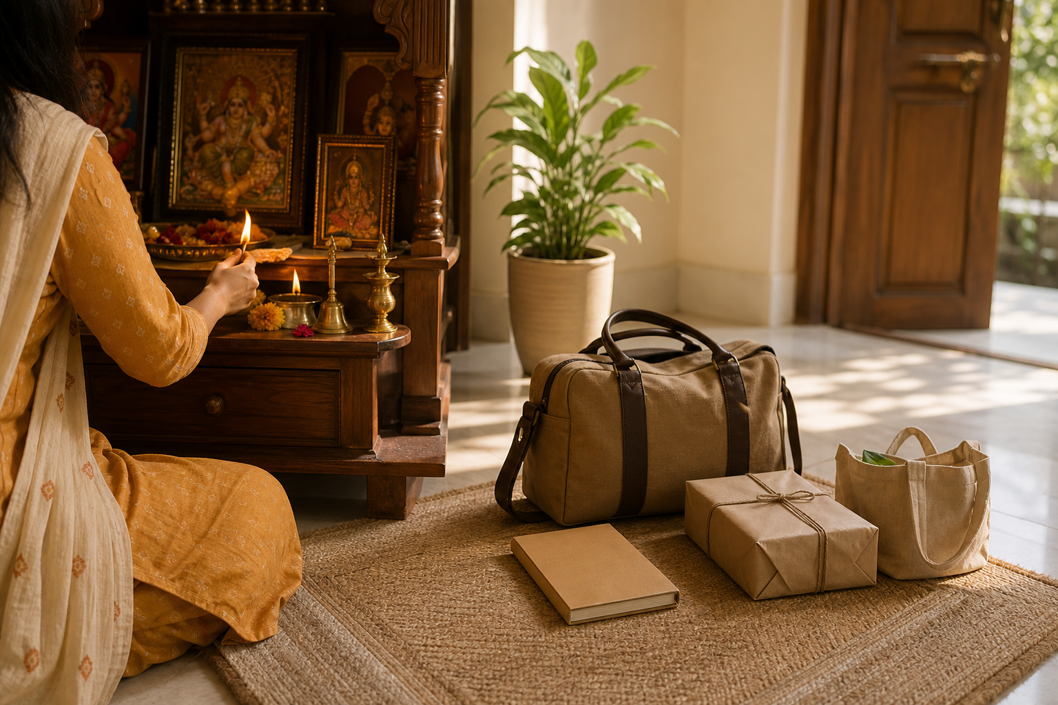 A worshipper lights a brass oil lamp beside flowers, with a closed notebook, travel bag, parcel, and shopping pouch arranged nearby.