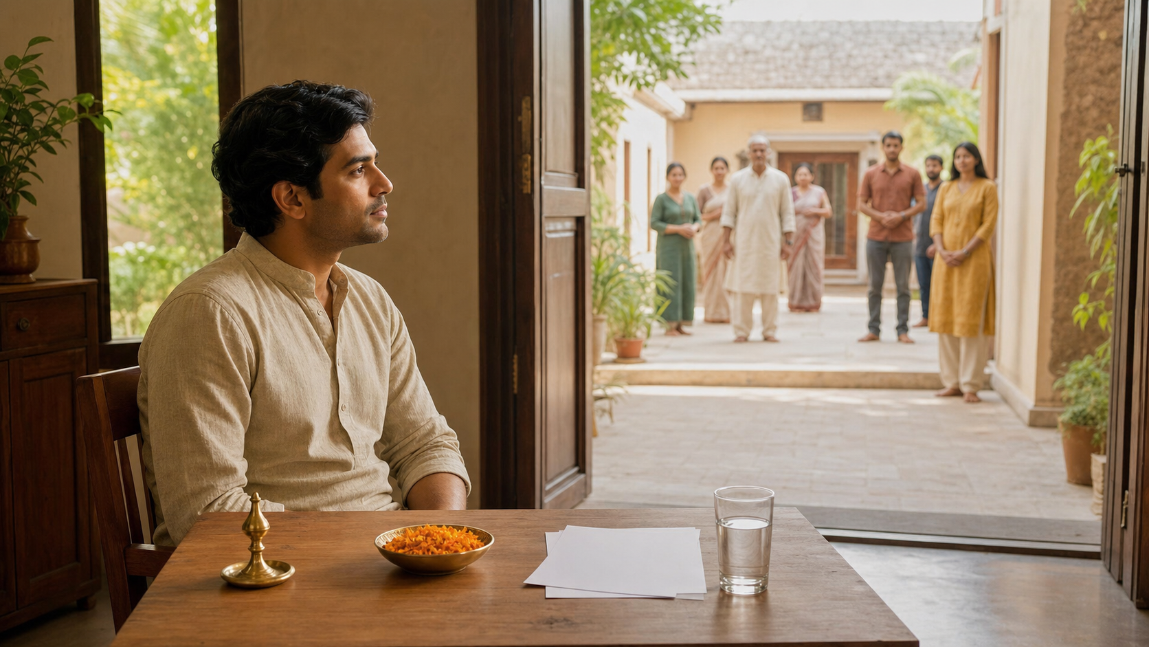 An Indian adult reflects at a table while family and community members wait at a respectful distance near an open doorway.