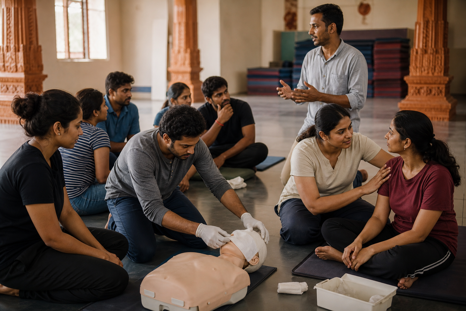 An instructor supervises young adults practicing first aid and calm teamwork in a community hall.