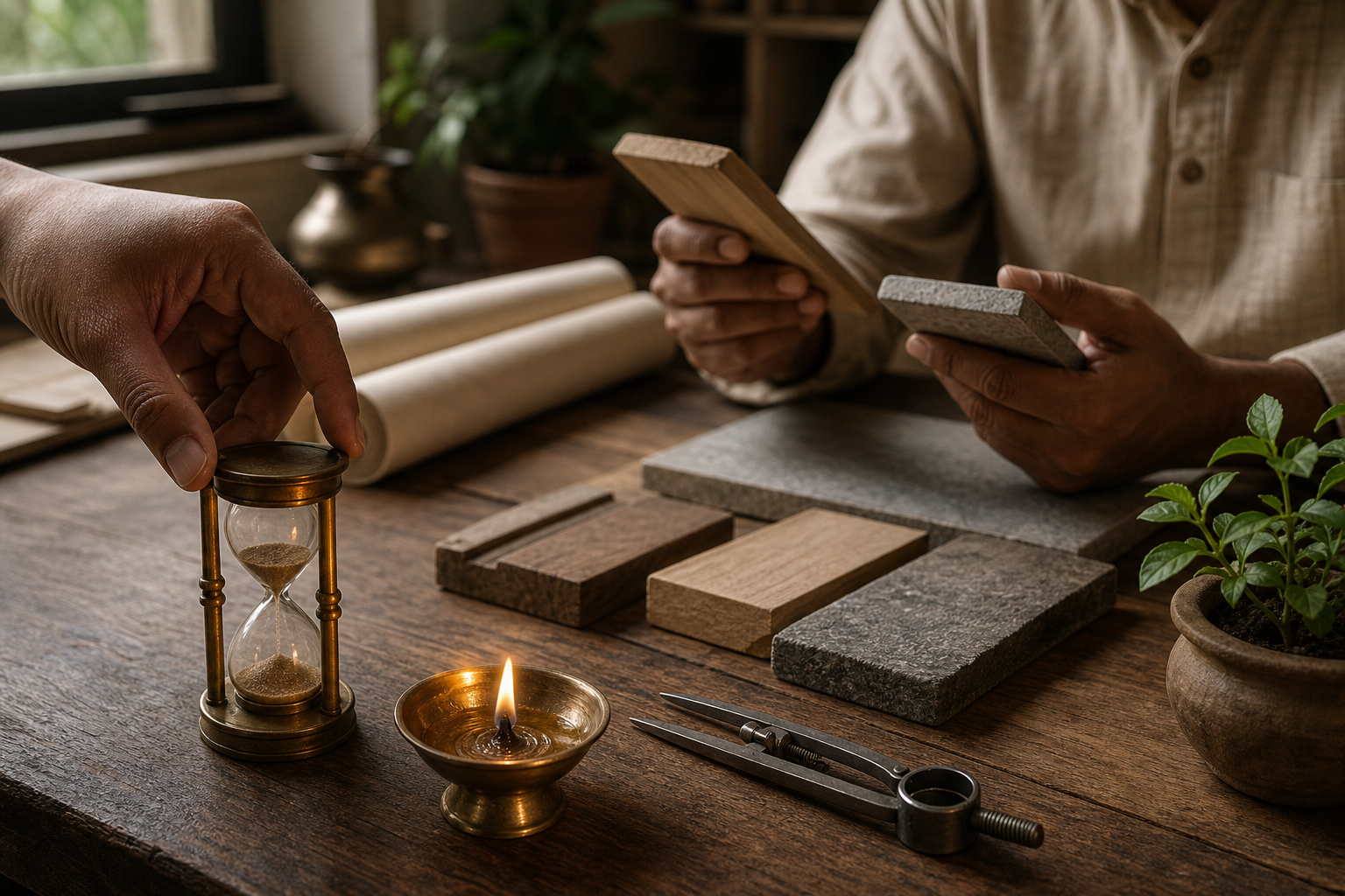 Hands adjust an hourglass near a brass lamp while another person examines building materials, a compass, and a small plant at a worktable.
