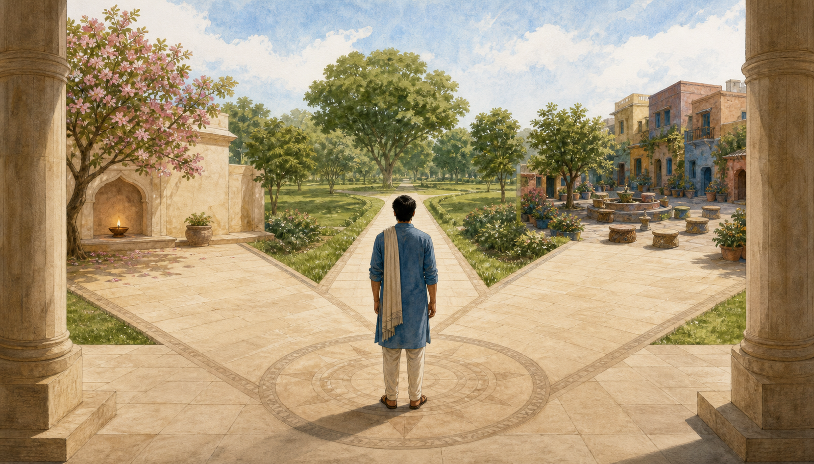An Indian adult stands freely at the center of three open paths in a stone civic courtyard.