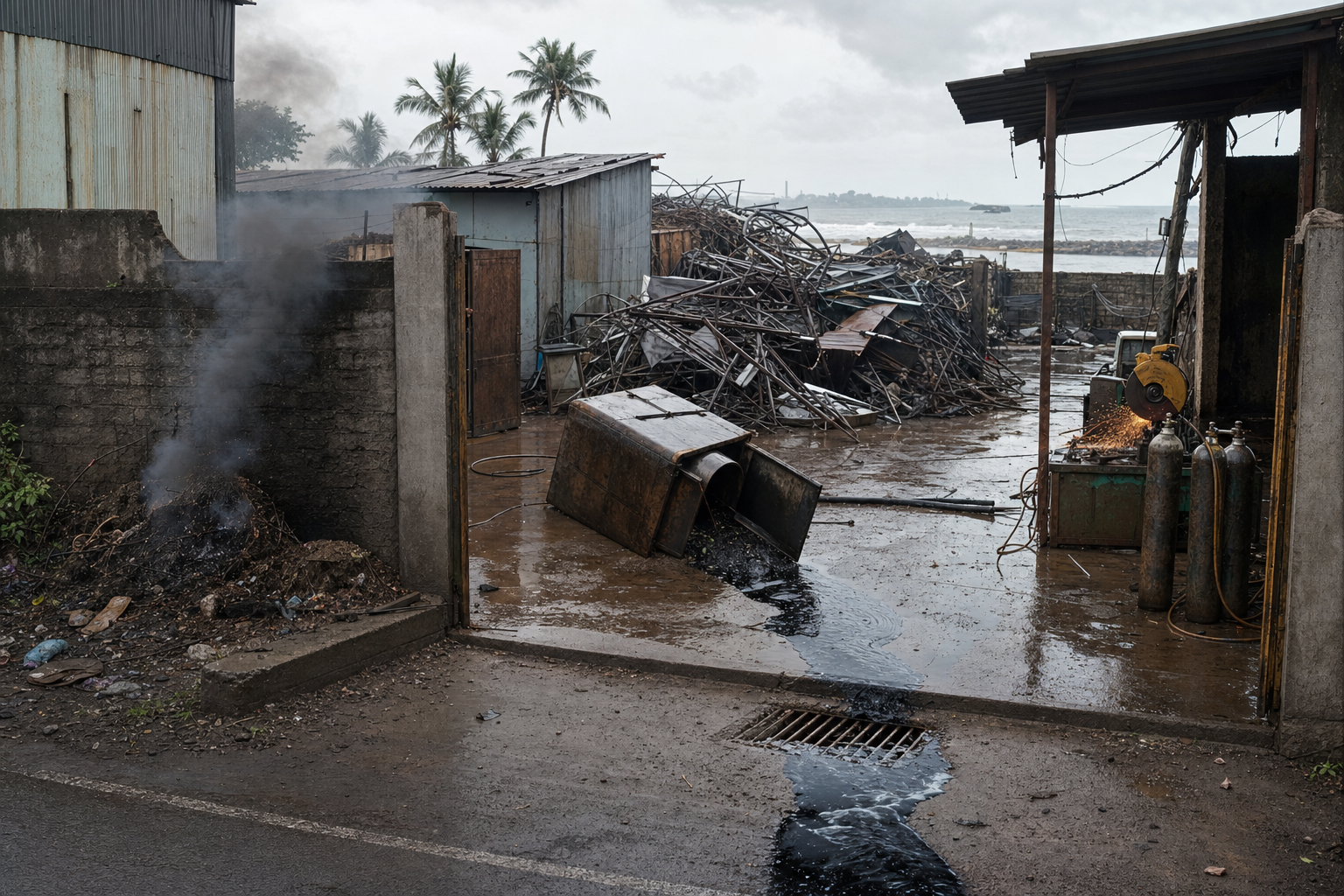 Dark smoke, leaking oily liquid, poorly placed cylinders and scrap obstructing an entrance illustrate urgent hazards at a small yard.