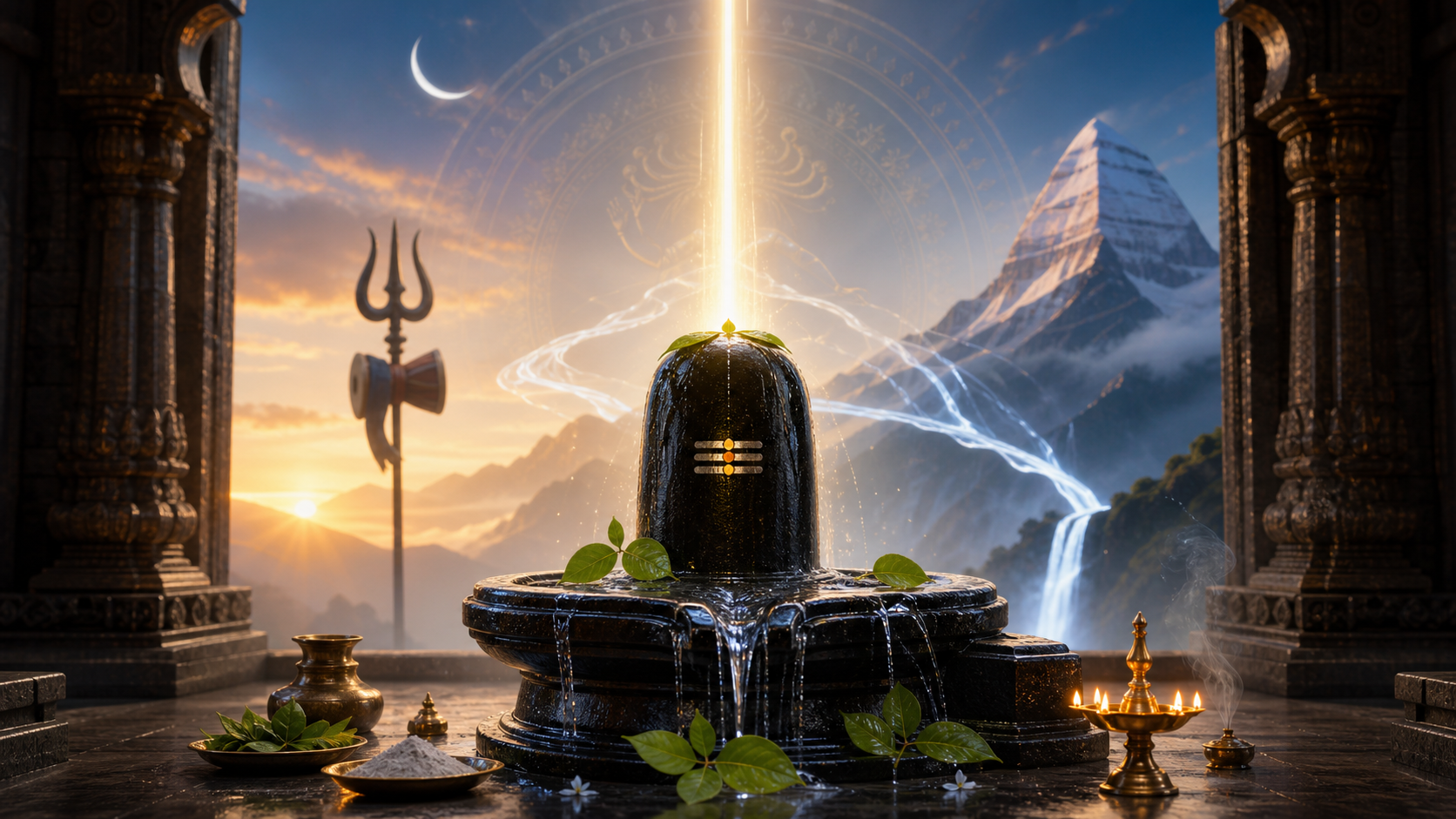 Black stone Shivalinga with abhishekam water, bilva leaves, a brass lamp, Mount Kailash, and a radiant pillar of light at dawn.