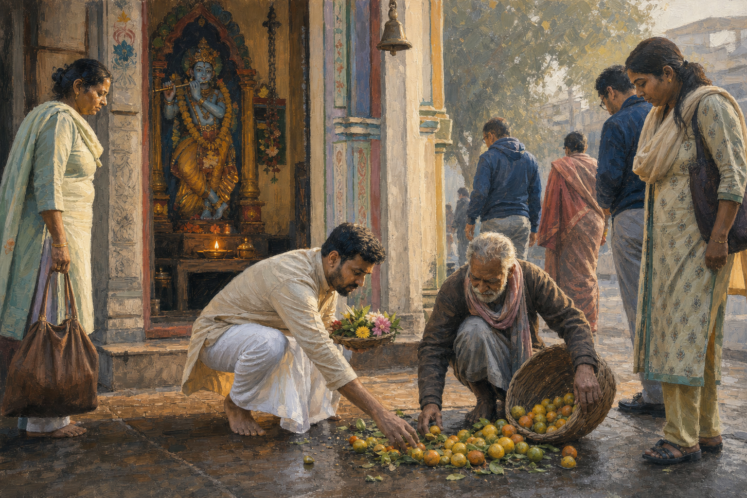 A devotee outside a Krishna temple helps an elderly street vendor collect fruit spilled on the pavement at dawn.