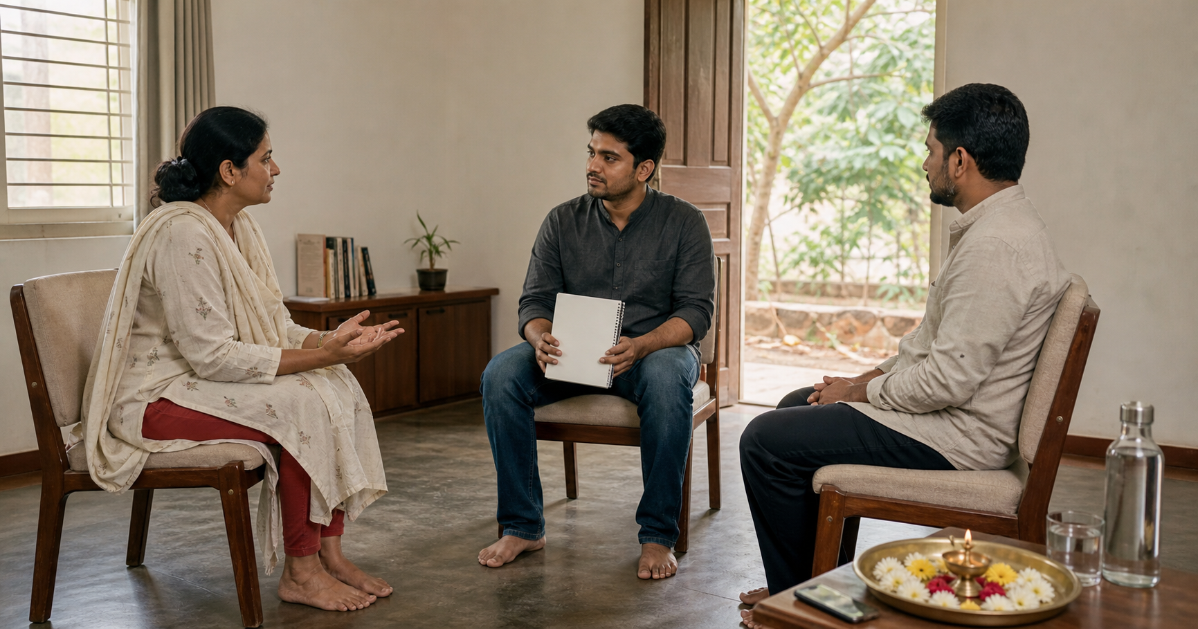 An adult speaks with two facilitators in an open circle while ceremonial items remain untouched on a side table.