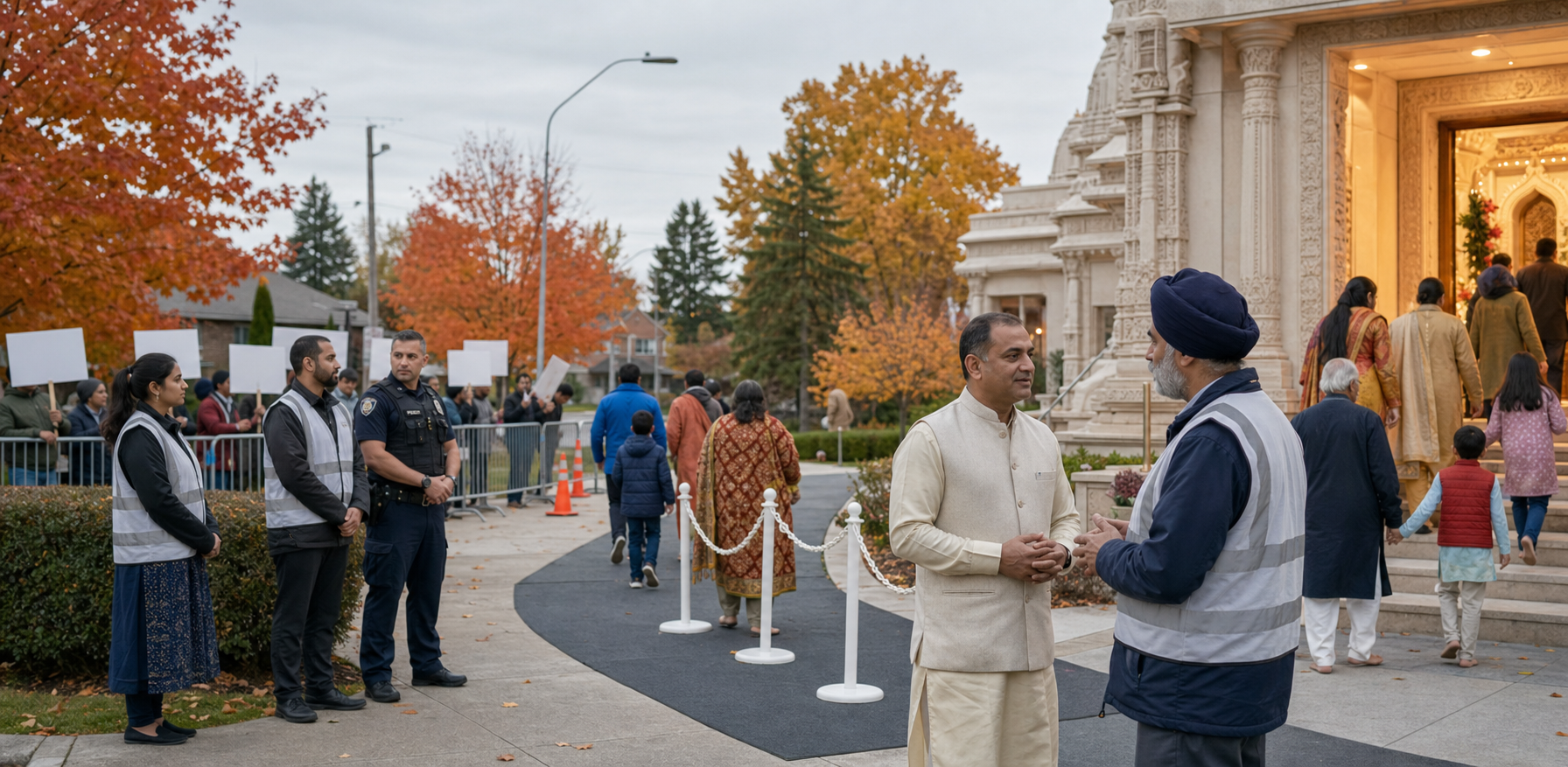 Families enter a Hindu temple through a protected walkway while volunteers, a police liaison, and Hindu and Sikh community organizers coordinate nearby.