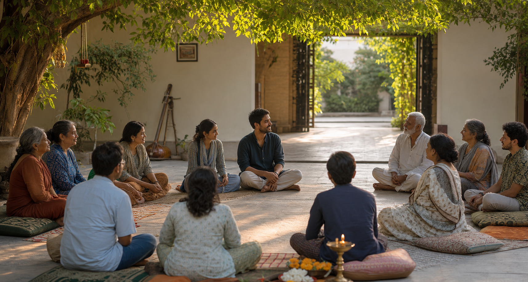 A multigenerational Indian community sits in a spacious courtyard circle with an adult near an open exit.