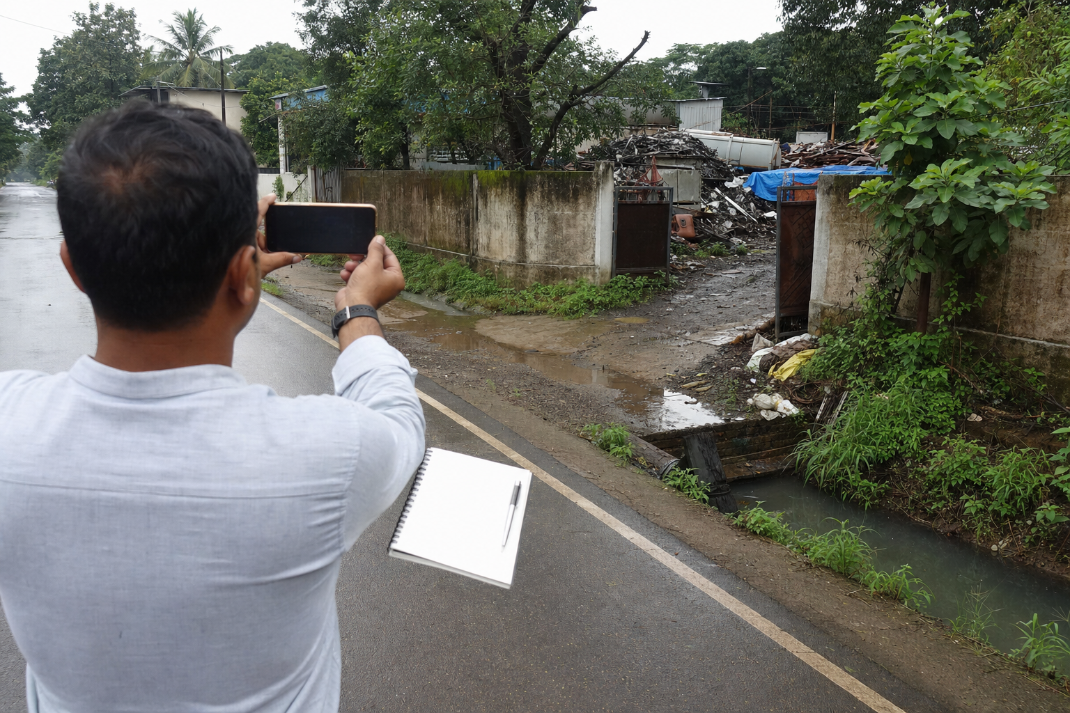 A resident photographs a scrap-yard entrance and nearby drain from a public roadside while keeping notes at a safe distance.