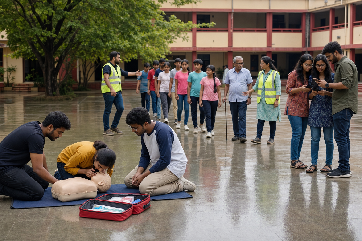 Youth practice first aid, evacuation assistance, and responsible phone verification during a supervised school preparedness drill.