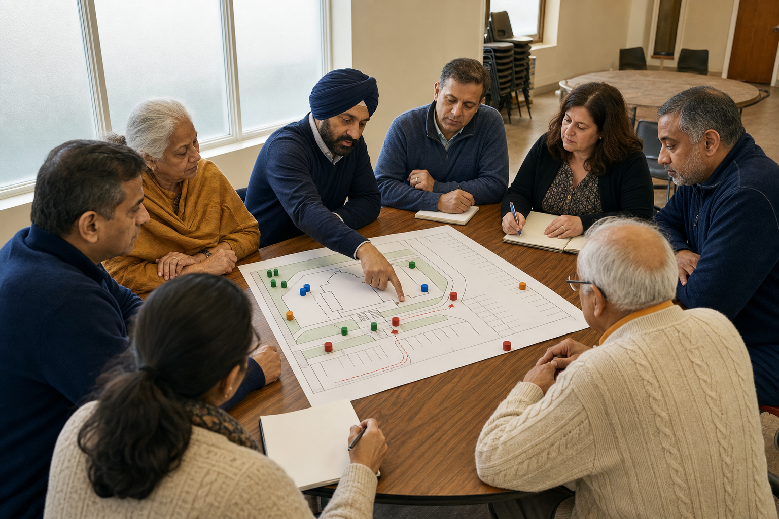 Temple board members, volunteers, a Sikh liaison, and a police representative review an unlabeled site plan around a meeting table.