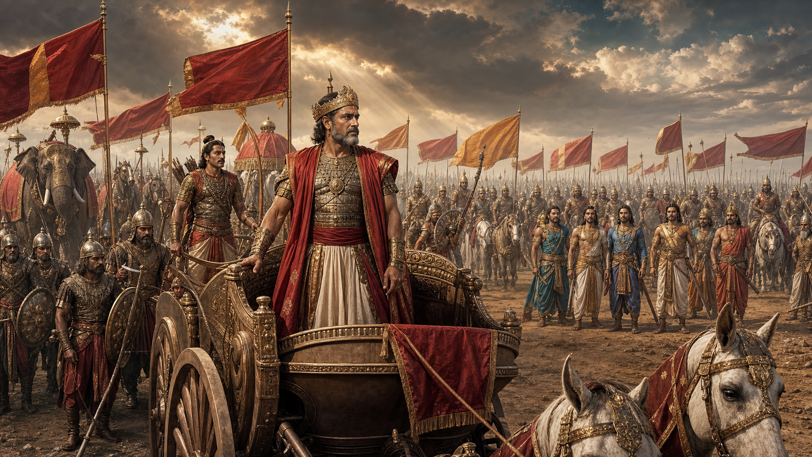 King Drupada stands in a war chariot before the assembled Panchala army and allied Pandava forces on the plain of Kurukshetra.