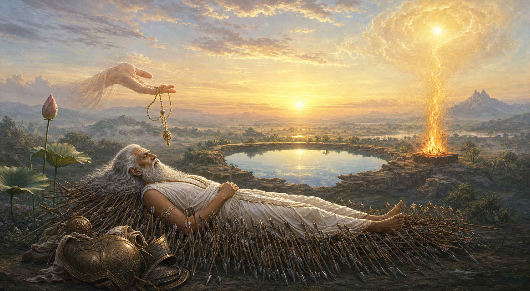 An elderly warrior-sage rests calmly on a bed of arrows at sunrise, surrounded by a lotus, a released jeweled cord, a still pool, and a flame fading into golden light.