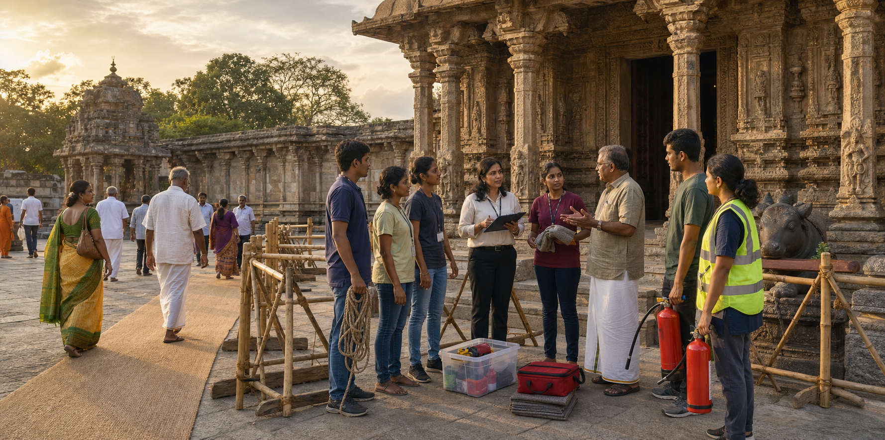Youth volunteers and adult representatives inspect safety equipment and visitor access at a historic temple during a preparedness exercise.