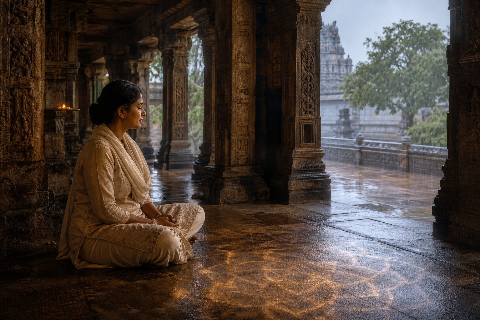 A woman sits in quiet contemplation inside a pillared temple hall as soft geometric light is reflected across the stone floor.