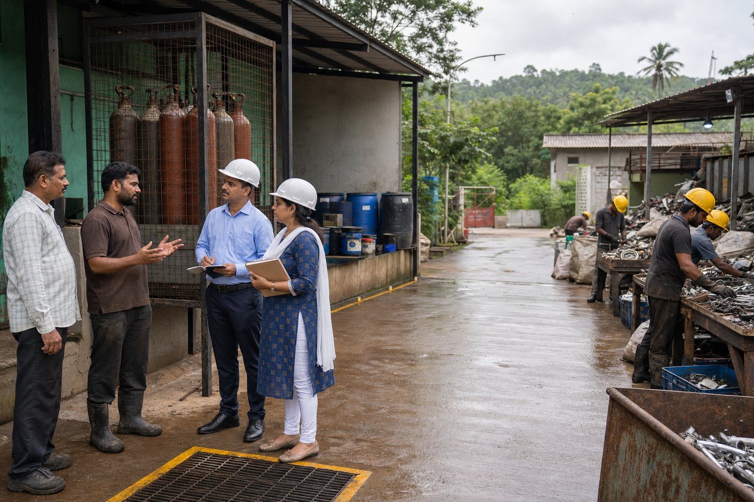 Safety officials and a scrap-yard operator inspect a site where cylinders, liquids, drainage and access routes are being managed safely.