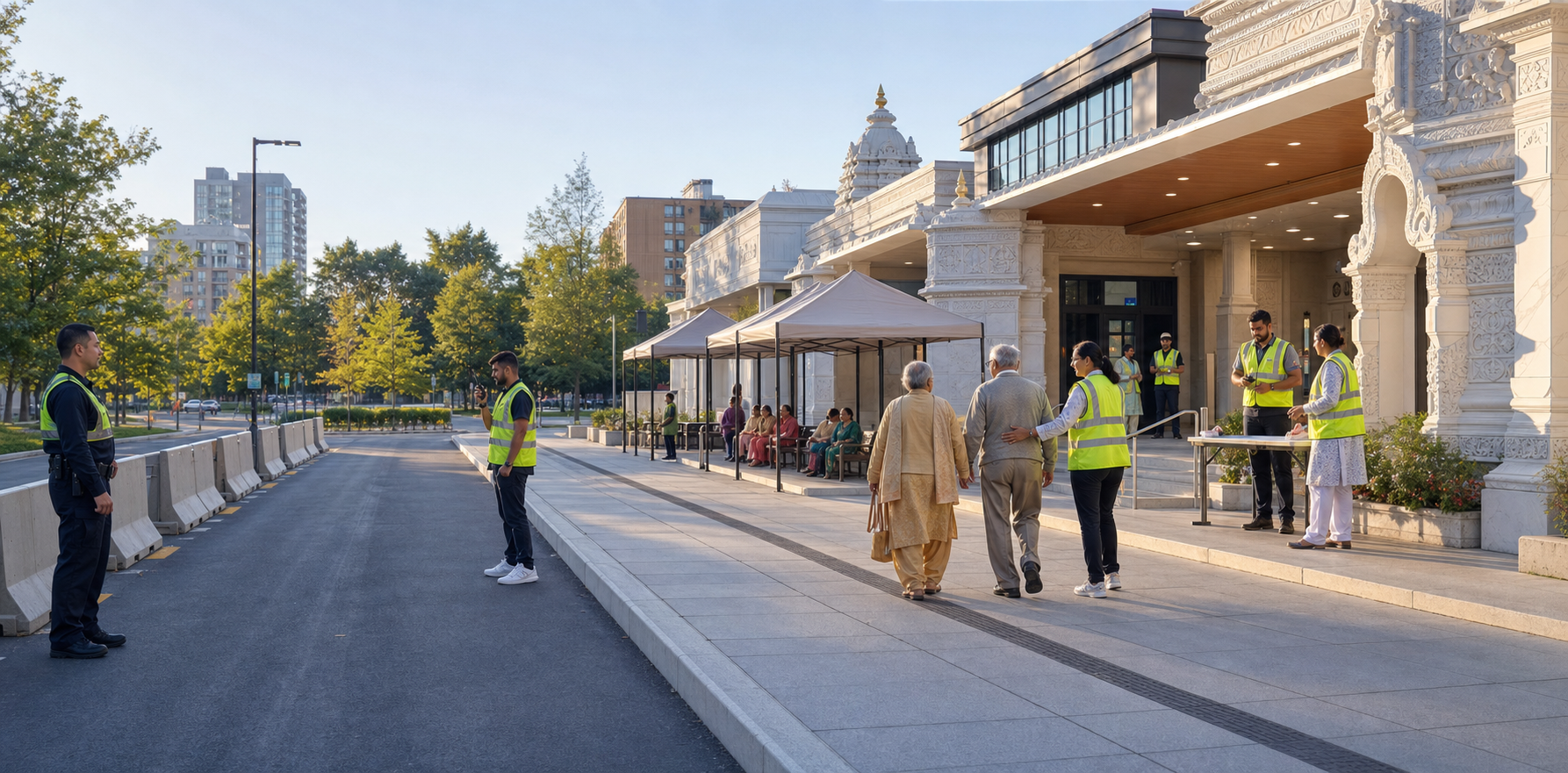 Volunteers prepare barriers, an accessible pedestrian corridor, and a check-in area outside a Hindu temple before an event.