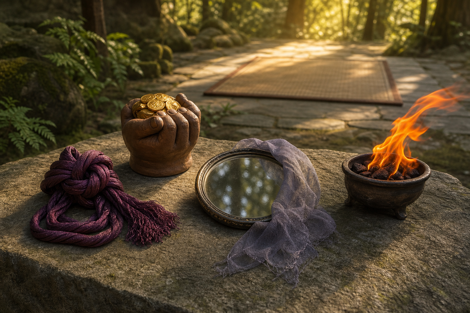 Four symbolic objects—a knotted cord, a coin-filled vessel, a veiled mirror, and a burning brazier—sit before an empty meditation mat in a forest hermitage.