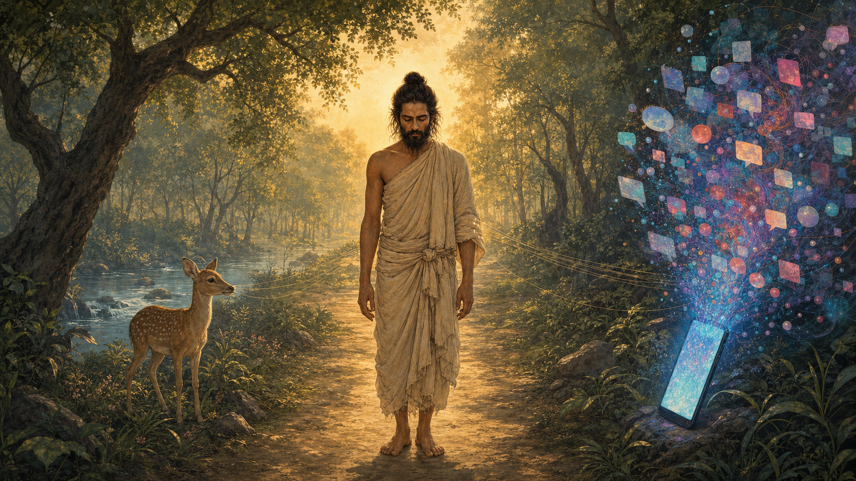 An ancient Indian ascetic stands between a young deer in a forest and a glowing smartphone surrounded by abstract digital shapes, with thin golden threads reaching toward his sleeve.
