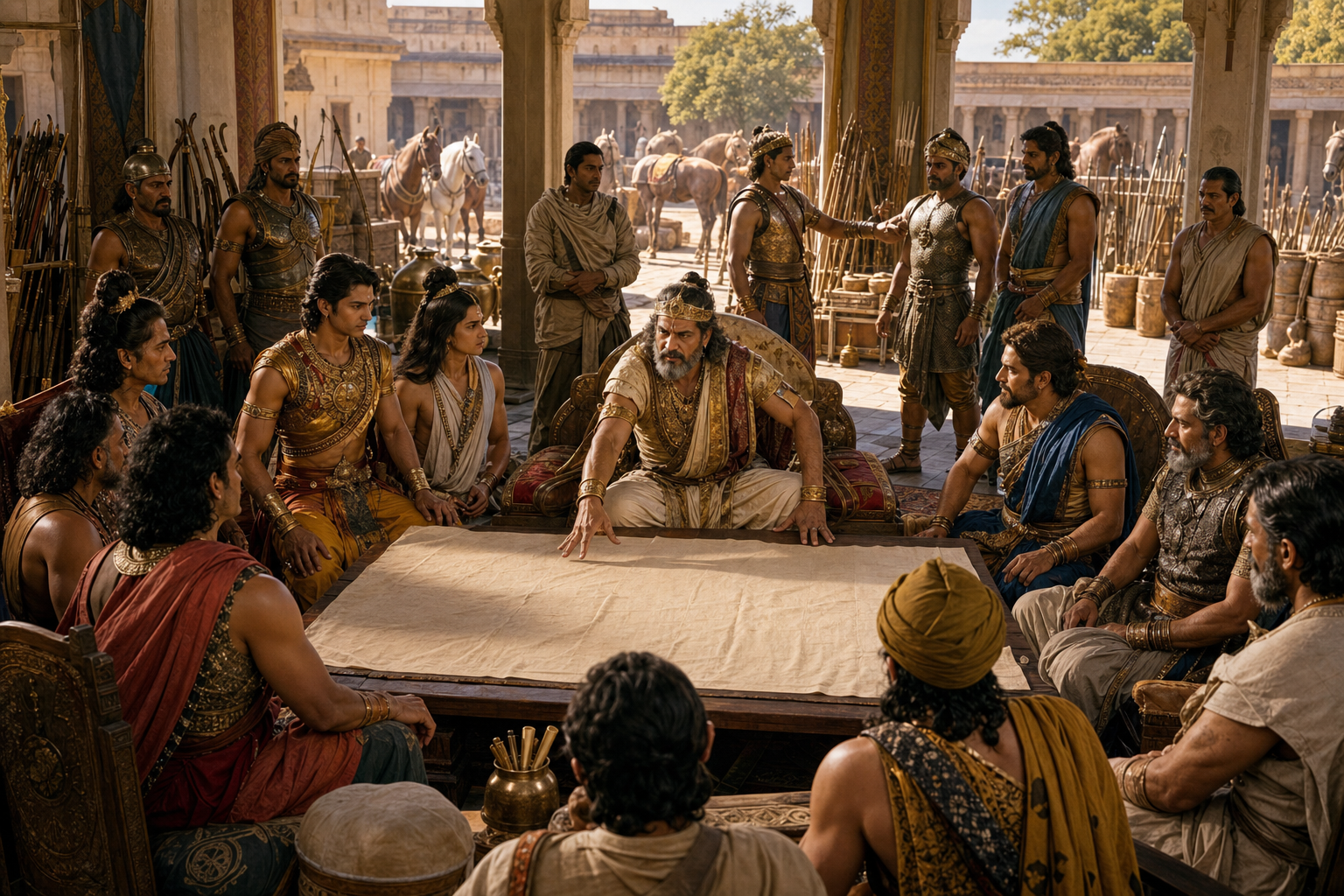 Drupada leads a military council with Dhrishtadyumna, Shikhandi, Panchala officers, and allied envoys as weapons and supplies are prepared nearby.
