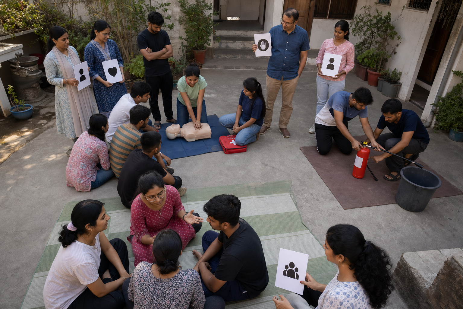 A small supervised youth group rotates through first aid, evacuation, fire safety, and communication practice stations in a courtyard.