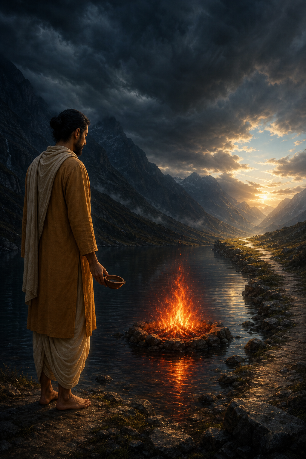 A calm practitioner observes a contained flame reflected in a storm-dark lake while dawn lights a path ahead.