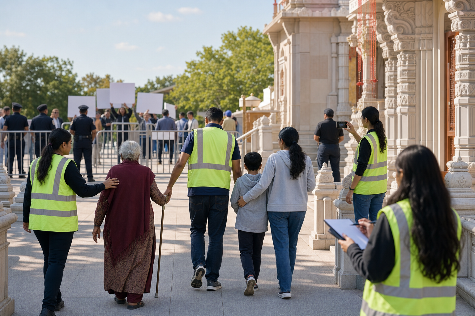 Volunteers guide worshippers through a protected temple entrance while another volunteer documents a peaceful protest from a safe position.