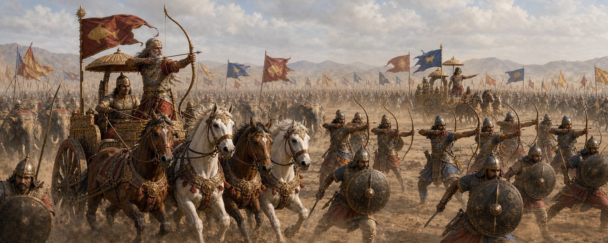 Drupada fires his bow from a moving chariot while Panchala archers, infantry, elephants, and Dhrishtadyumna fight across the Kurukshetra battlefield.
