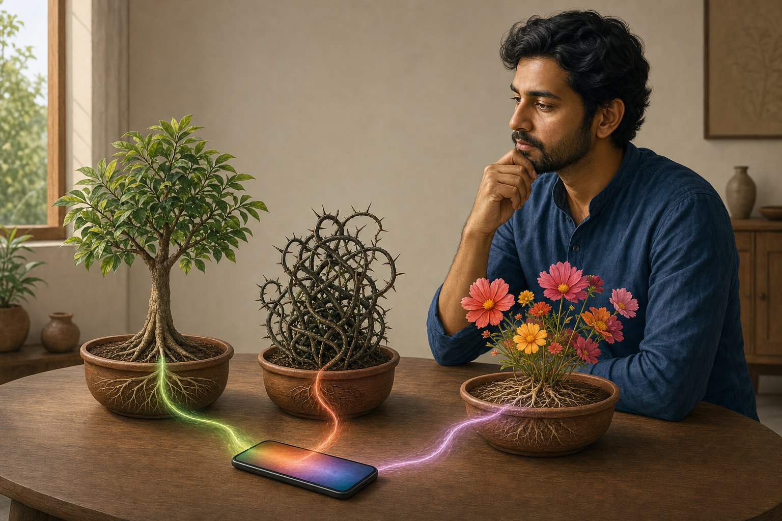 A person observes three planters watered by colored light from a smartphone; the planters contain a rooted tree, tangled thorns, and shallow-rooted flowers.