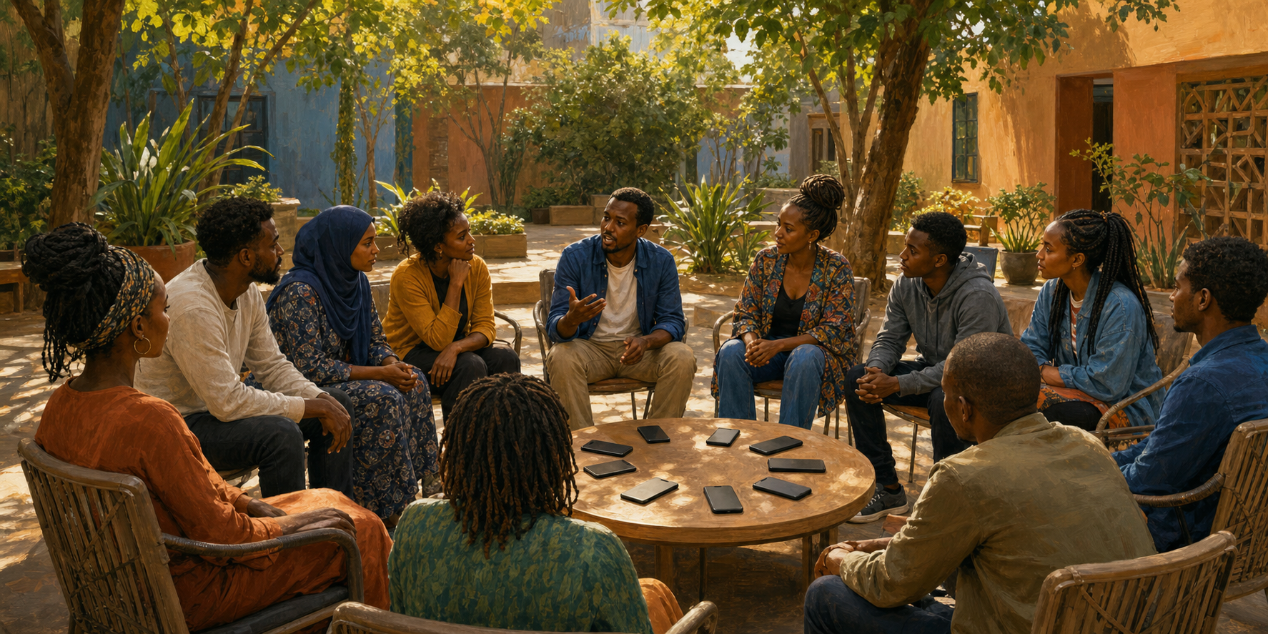 People at a Nairobi community gathering sit in a listening circle with their smartphones placed face down on a central table.