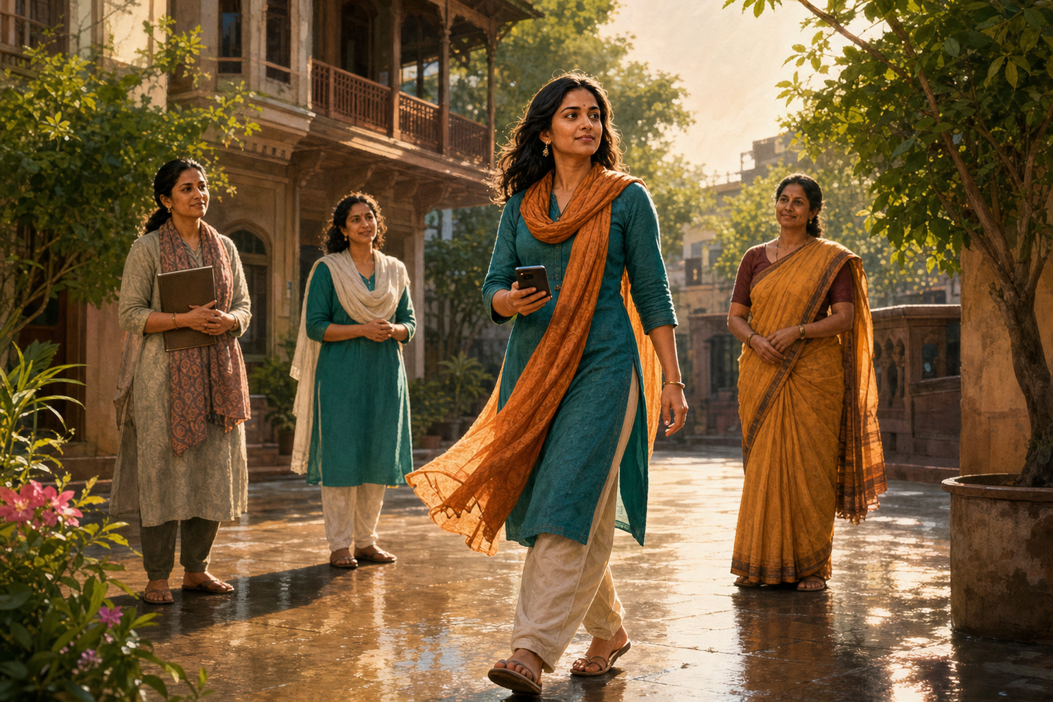 An adult Indian woman stands in an open Maharashtra courtyard while a counselor, legal worker, and family member offer support from a respectful distance.
